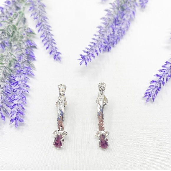 Vintage Jewelry - Vintage Purple Amethyst Platinum Braided Chain Dainty Drop Earrings